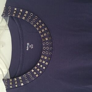 Embellished Crewneck 3/4 Sleeve Top - Deep Navy